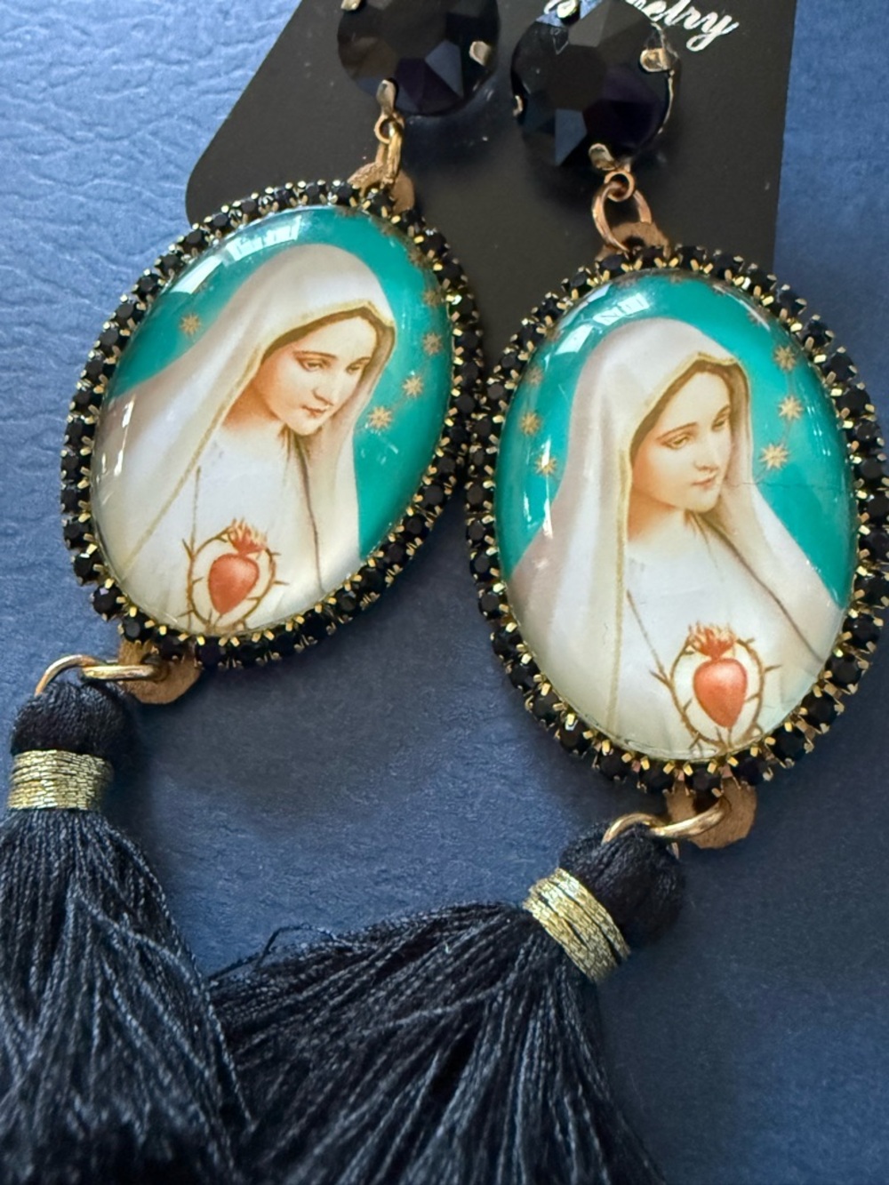 Religious Virgin Mary Tassel Drop Earrings in Teal and Black